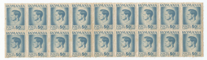 |Romania, LP 188/1945, Uzuale - Mihai I, hartie gri, bloc de 18, eroare, MNH