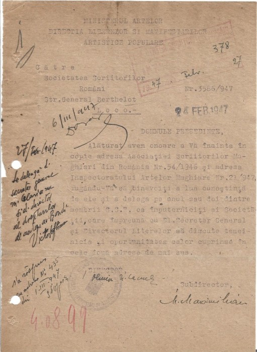 A3560N Victor Eftimiu, notă și semnătură olografă, 1947