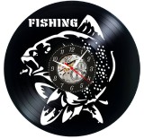 Ceas de perete decorativ &ldquo;Fishing Passion&rdquo;, realizat din disc de vinil (Vinyl Record Clock), design tematic Pescuit cu Peste si Text, diametru 30 cm,