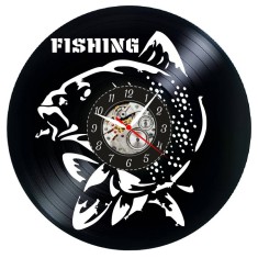 Ceas de perete decorativ &ldquo;Fishing Passion&rdquo;, realizat din disc de vinil (Vinyl Record Clock), design tematic Pescuit cu Peste si Text, diametru 30 cm,