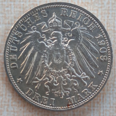 (A608) MONEDA DIN ARGINT GERMANIA, BAYERN - 3 MARK 1908, LIT. D, REGELE OTTO