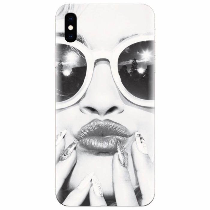 Husa silicon pentru Apple Iphone XS, Black And White Portrait Blonde Model In Fashion Sunglasses