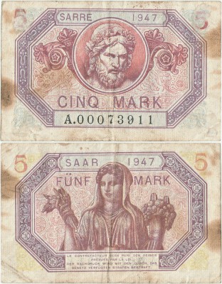 1947, 5 Mark - Saar (sub protectorat Francez) | P-5 foto