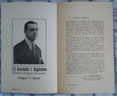 Pliant electoral Partidul Conservator : Constantin Argetoianu - 1914 foto