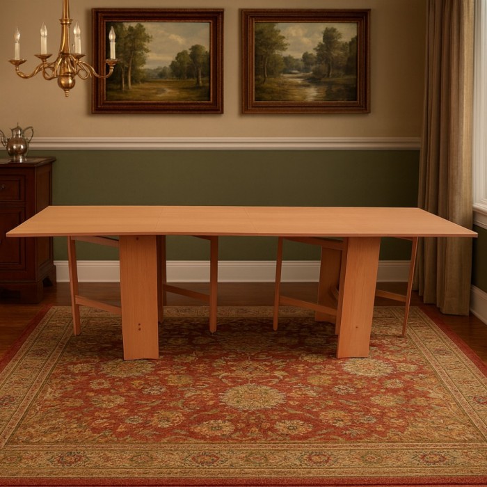 Masa plianta 12 persoane, Pal Melaminat, insertii lemn masiv, sistem cuplare blat, 274x75x78 cm, cires