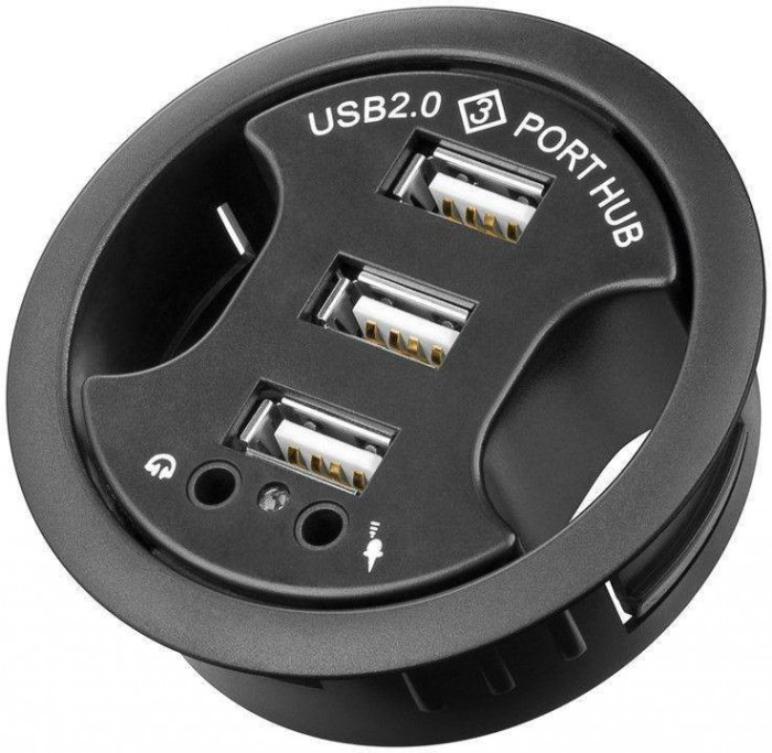 Hub USB 2.0 cu 3 porturi +audio montabil in birou negru Goobay