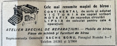 1931 Reclamă rom&amp;acirc;nească Masini birou CONTINENTAL, VICTORIA, ROTAFIX, LIPSIA Bucuresti interbelic Pasajul Roman nr. 5-7 Reprezentant SACHE SORU foto