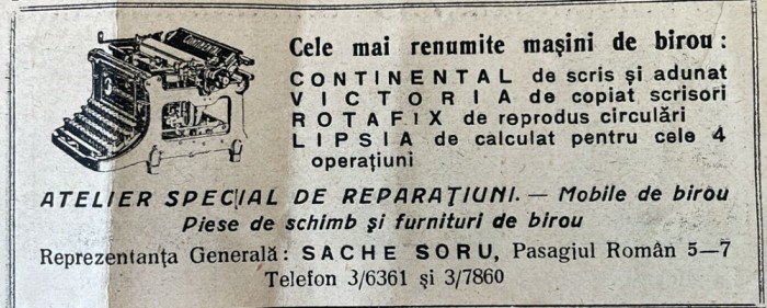 1931 Reclamă rom&acirc;nească Masini birou CONTINENTAL, VICTORIA, ROTAFIX, LIPSIA Bucuresti interbelic Pasajul Roman nr. 5-7 Reprezentant SACHE SORU