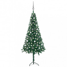 Set pom Crăciun artificial pe colț LED&globuri verde 180 cm PVC