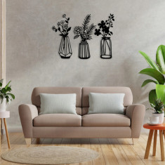 Decoratiune de perete, Vase, Metal, 10 x 40 cm, 3 piese, Negru