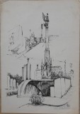 1978 Lucrare &rdquo;Piața Columb, Madrid&rdquo; de Elena Forțu, tuș pe h&acirc;rtie 42 x 30 cm