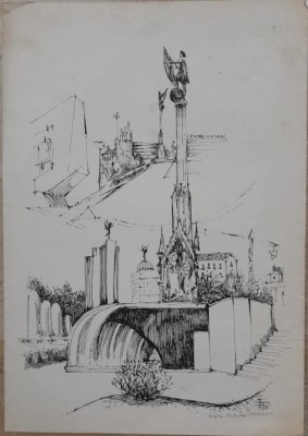 1978 Lucrare &amp;rdquo;Piața Columb, Madrid&amp;rdquo; de Elena Forțu, tuș pe h&amp;acirc;rtie 42 x 30 cm foto