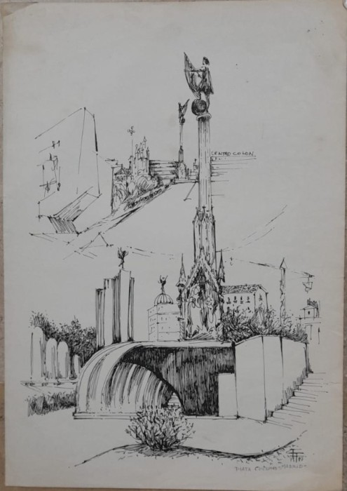 1978 Lucrare &rdquo;Piața Columb, Madrid&rdquo; de Elena Forțu, tuș pe h&acirc;rtie 42 x 30 cm
