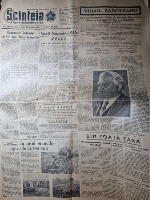 scanteia 20 octombrie 1961 - moartea lui mihail sadoveanu