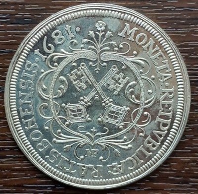 (A184) MONEDA DIN ARGINT - REPRODUCERE TALER 1681 REGENSBURG - 1974, AG 1000 foto