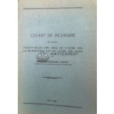 CUV&Acirc;NT DE &Icirc;NCHINARE CU OCAZIA PARASTASULUI DIN ZIUA DE 9 IUNIE 1935 , LA MORMANTUL LUI GH . LAZAR , DIN AVRIG - 1935 - Miltiade CONST. ($S35)