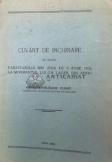 CUV&Acirc;NT DE &Icirc;NCHINARE CU OCAZIA PARASTASULUI DIN ZIUA DE 9 IUNIE 1935 , LA MORMANTUL LUI GH . LAZAR , DIN AVRIG - 1935 - Miltiade CONST. ($S35)