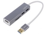 Hub USB 3.0 cu cititor microSD și SD, soclu și mufă USB A 5Gbps
