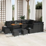 Set canapea gradina Gossi 13 piese cu pernite ratan polimer negru acacia, set canapea gradina Gossi pentru 2 persoane cu spatiu de depozitare si perni