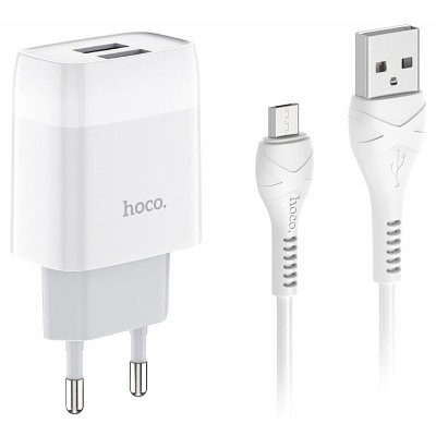 Incarcator Retea cu cablu MicroUSB HOCO C73, 2 X USB, 2.4A, Alb foto