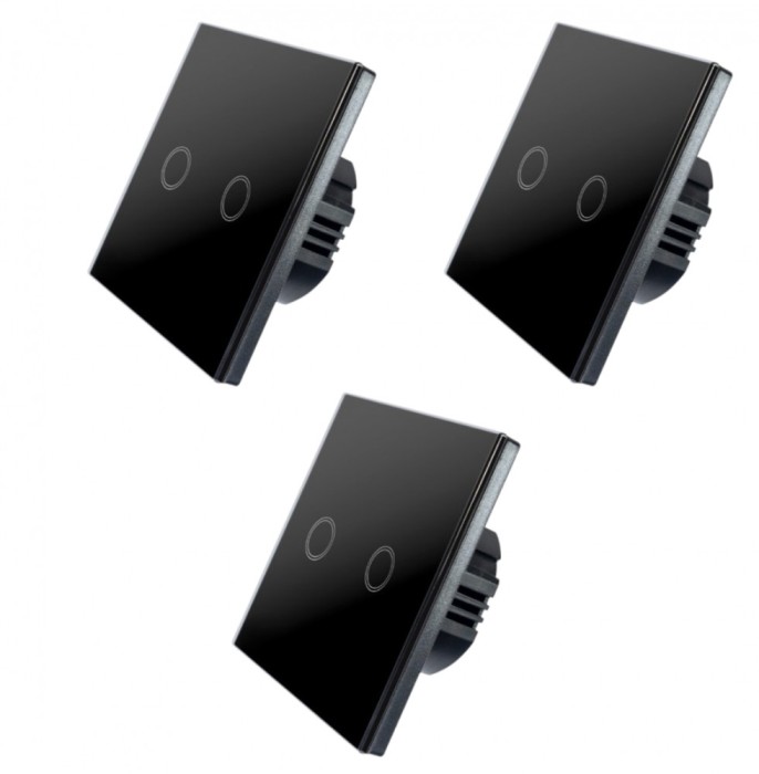 Set 3 Intrerupatoare duble cu touch Brius&trade;, cu nul, sticla securizata, ignifug, indicator LED noapte/zi, rezistent la zgarieturi si anti-amprente, ide