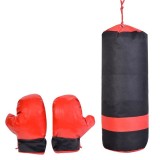 Set de Box pentru copii, sac de box care se agata de tavan si o pereche de manusi, 19x53cm, textil, negru-rosu, Oem