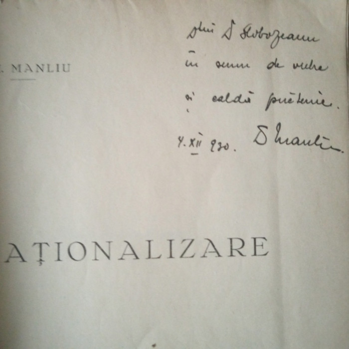 Rationalizare (Dr. I. Manliu, 1930, dedicație pt. Dr. Slobozianu)
