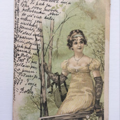 Carte postala veche, ilustratie cu femeie tanara, anul 1900, circulata