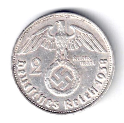 GERMANIA 2 REICHS MARK 1938 B HINDEMBURG ARGINT XF+ foto
