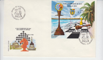 C12 - FDC Romania - A 30-a Olimpiada de sah - Manila - colita - LP1287 - 1992 foto