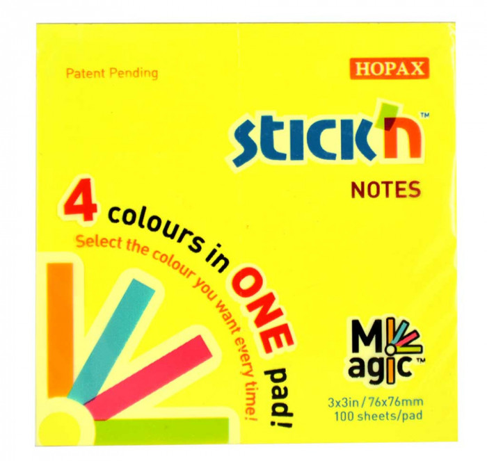 Magic Notes Autoadeziv 76 X 76 Mm, 100 File, Stick&quot;n Magic Notes - 4 Culori Neon