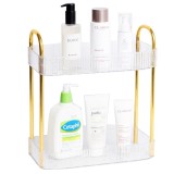 Raft organizator elegant Pufo Luxury transparent de baie cu 2 nivele, cadru metalic auriu, pentru cosmetice, parfumuri, 38.5 x 36 cm