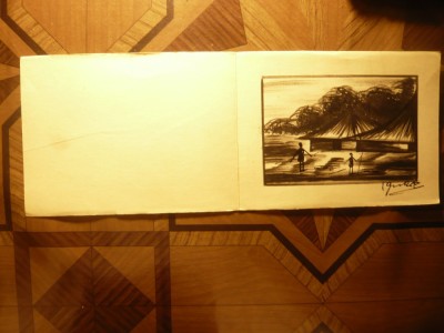 Gravura semnata - Sat Bastinas , dim.= 17,2x7,7cm foto