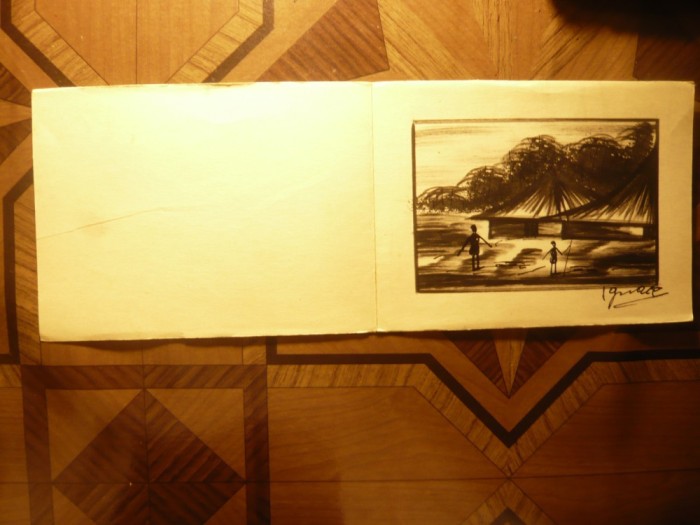 Gravura semnata - Sat Bastinas , dim.= 17,2x7,7cm