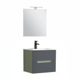 Trent mobilier de baie 60 cm chiuvetă ceramică (2 sertare) cu oglindă 60x80 cm verde măslin-gri antracit