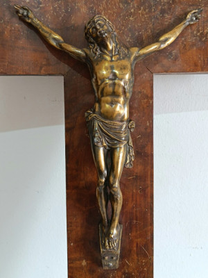 Crucifix antic din lemn 59,5x32cm Hristos bronz solid 28,8x20cm foto