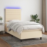 VidaXL Pat cu arcuri, saltea și LED, crem, 90x200 cm, textil