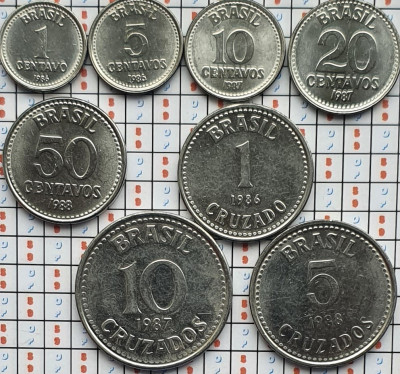 set 8 Brazilia 1, 5, 10, 20, 50 centavos 1, 5, 10 cruzados 1986 - 1988 UNC A025 foto