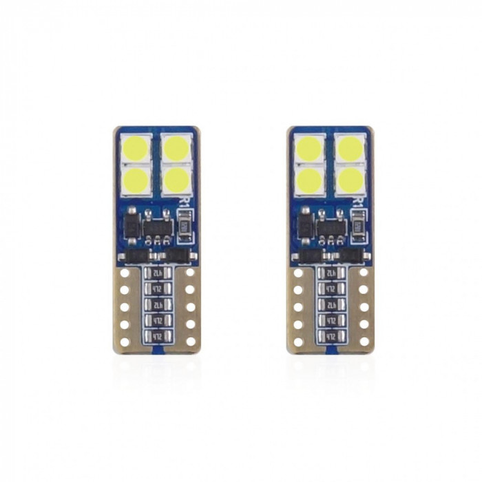 Set becuri auto cu LED CANBUS compatibil T10e W5W 8 SMD Alb 12 24V, destinat competitiilor auto sau off-road