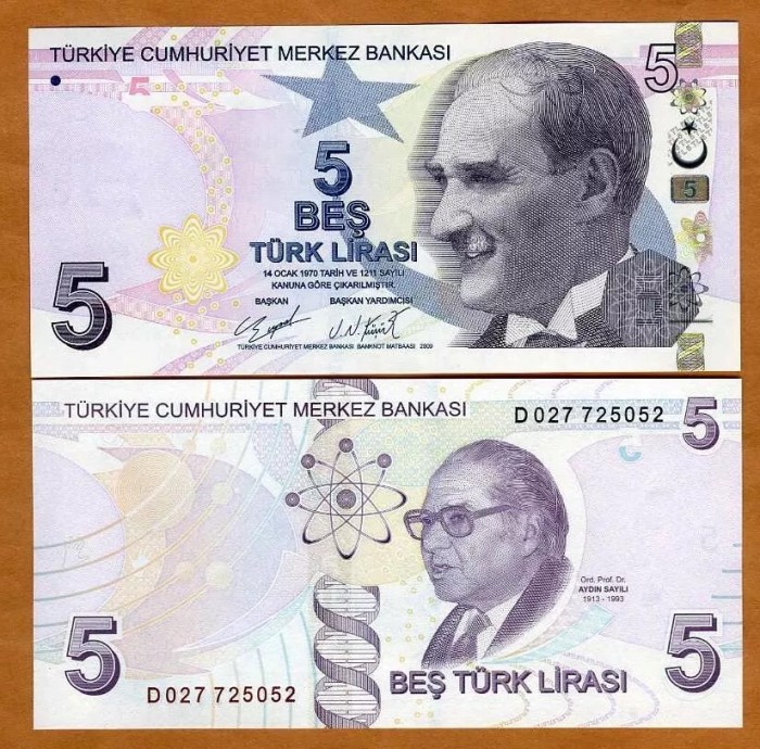 Turcia bancnota 5 lire 2009, UNC
