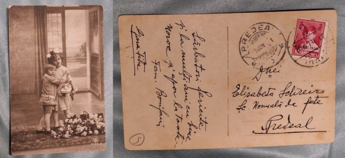 CP - Poza - copii / frati, fotografie tip carte postala, timbrata, coerpondenta Predeal, perioada regenta, anii 1920