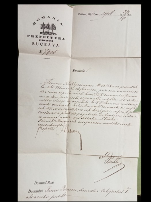 Scrisoare trimisa de prefectul de Suceava senatorului Iancu Prajescu 1871