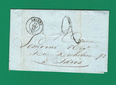 France 1850 Postal History Rare Cover + Content AMIENS to PARIS D.328 foto