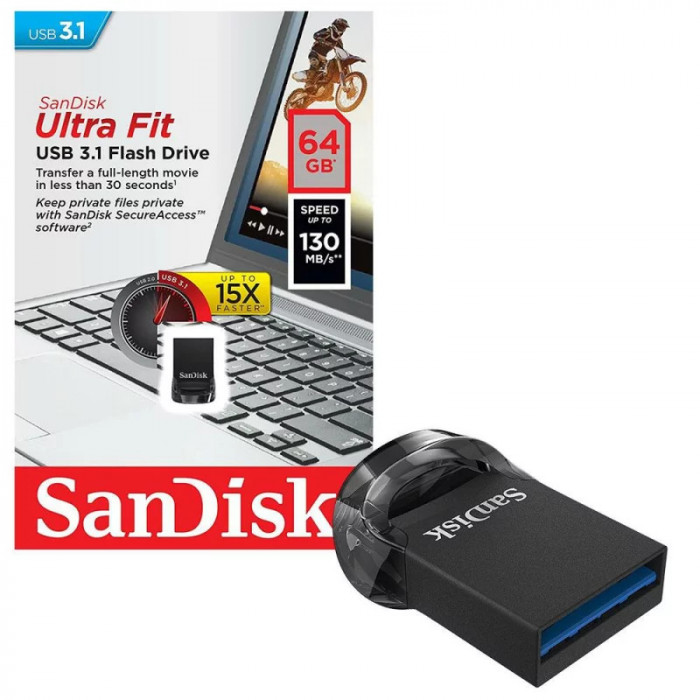 Memorie USB 3.1 SANDISK 64 GB profil mic carcasa plastic negru
