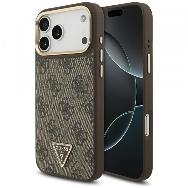 Husa MagSafe pentru Apple iPhone 17 Pro Max, Guess, 4G Triangle Logo, Maro Aurie