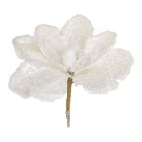 Floare decorativa de Craciun, alba, cu margele transparente si glitter, clips, 20 cm, CMCLASS