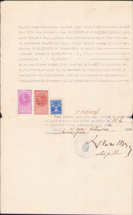 HST A2241 Certificat de naționalitate, Lugoj, 1931