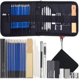 Set profesional pentru schițe și desen, 32 de piese, creioane grafit și cărbune, penar organizator inclus