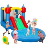 AIYAPLAY Castel gonflabil 4 &icirc;n 1 cu tobogan, coș de baschet, piscină cu bile, ventilator 370W, 415 x 205 x 190 cm | Aosom Romania