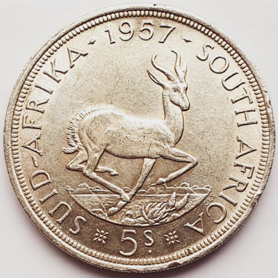 656 Africa de sud 5 Shillings 1957 Elizabeth II (1st portrait) km 52 argint foto